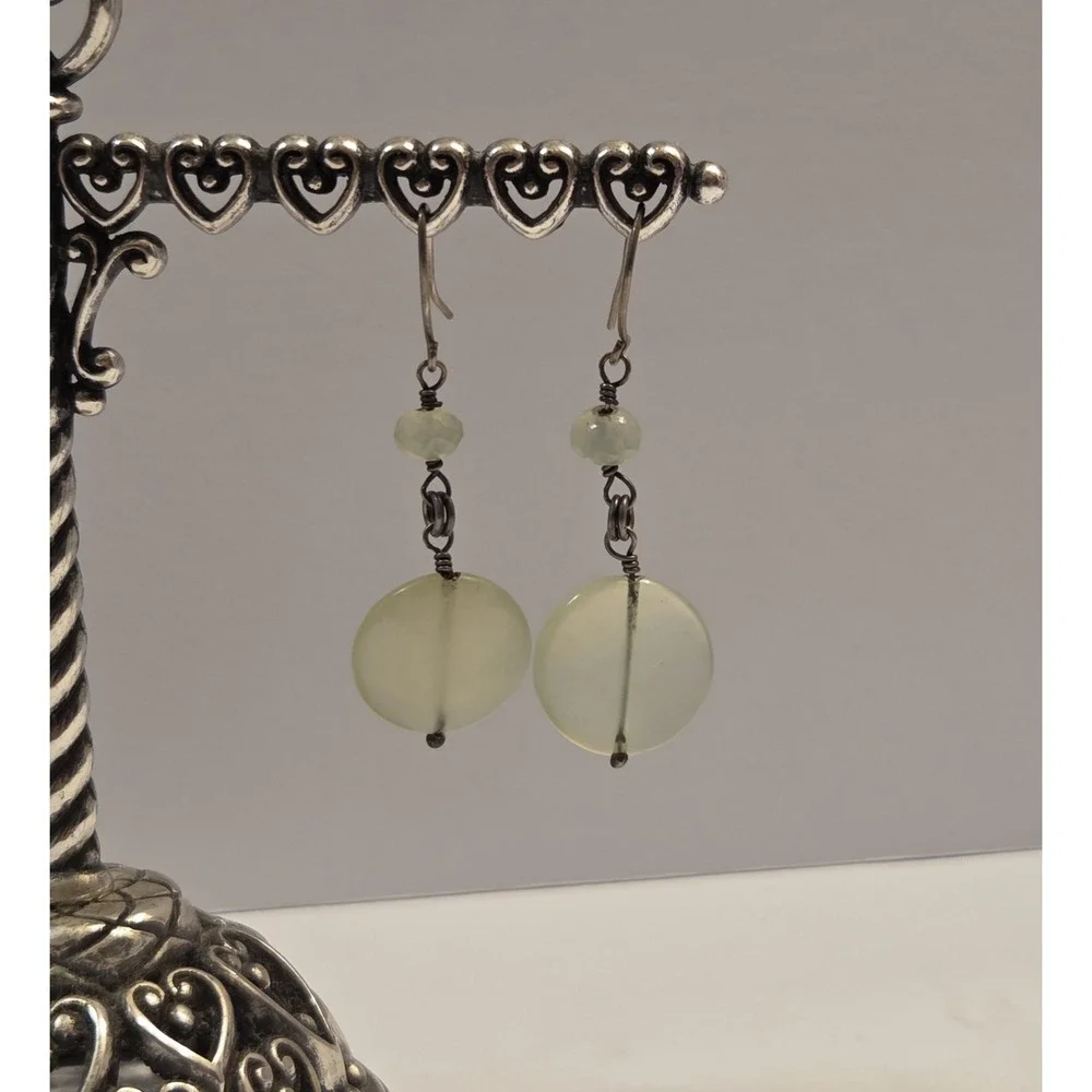 Vintage Sterling Silver Round Green Chalcedony Dangle Hook Earrings